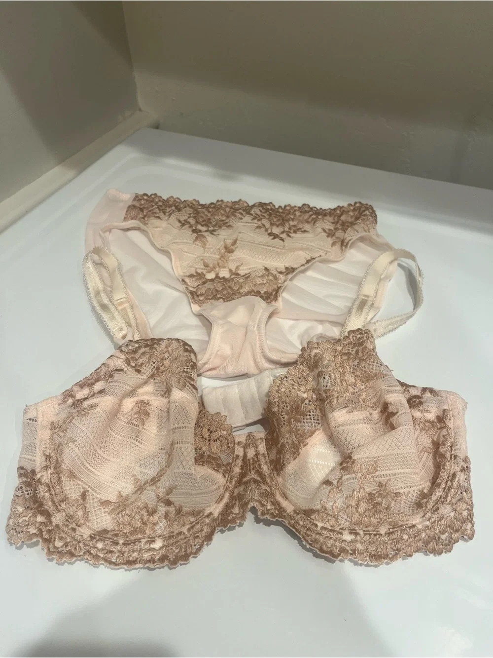 Wacoal Lace Underwire Bra and Matching Briefs in Light Blush bra 34 D panties S